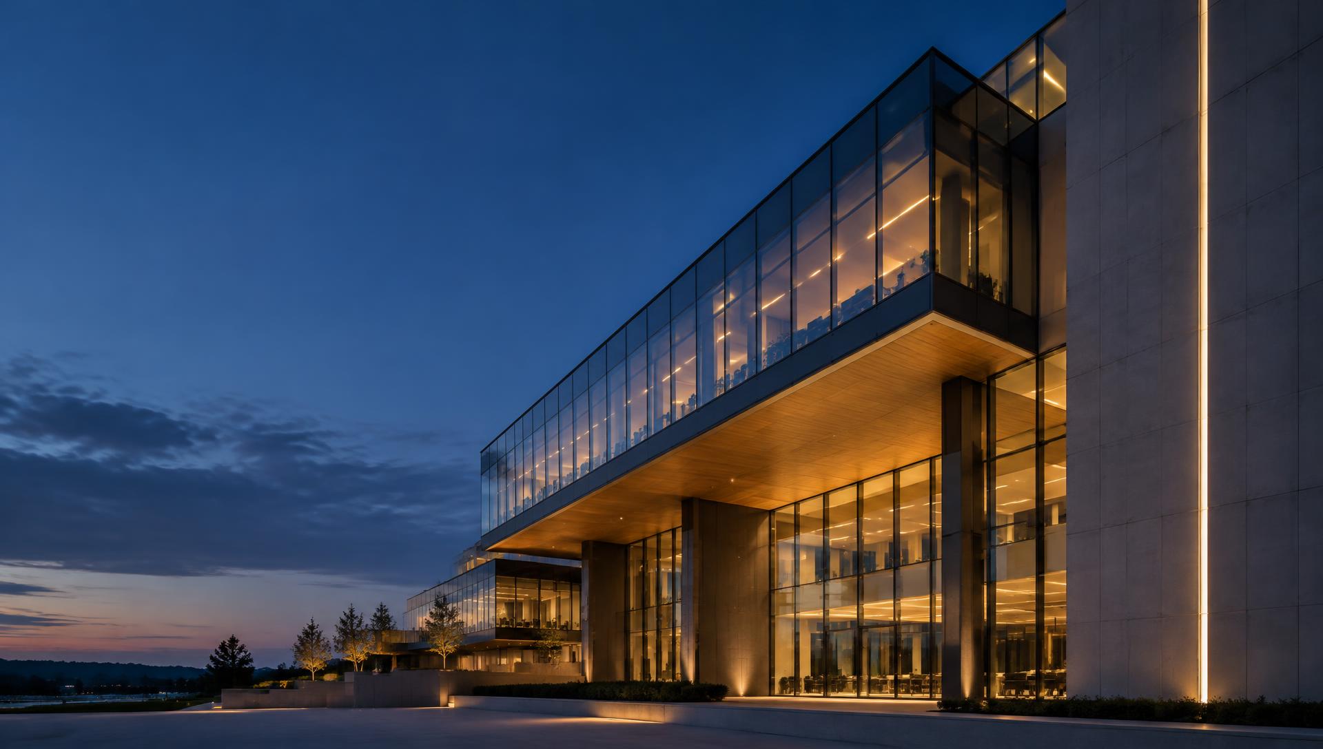 Edifício corporativo contemporâneo iluminado ao entardecer